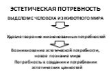 ЭСТЕТИЧЕСКАЯ ПОТРЕБНОСТЬ. ВЫДЕЛЕНИЕ ЧЕЛОВЕКА ИЗ ЖИВОТНОГО МИРА Удовлетворение жизненоважных потребностей Возникновение эстетической потребности, новое познание мира Потребность в создании и потреблении эстетических ценностей