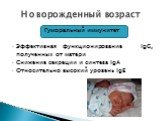 Гуморальный иммунитет Эффективная функционирование IgG, полученных от матери Снижение секреции и синтеза IgA Относительно высокий уровень IgE