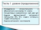 Определение относительного и абсолютного количества NK клеток Концентрации сывороточных IgM, IgG, IgA Оценка фагоцитарной активности лейкоцитов (ФЧ, ФИ, индекс миграции, индекс стимуляции) Оценка активности комплемента. Тесты 1 уровня (продолжение)