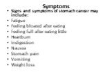 Symptoms. Signs and symptoms of stomach cancer may include: Fatigue Feeling bloated after eating Feeling full after eating little Heartburn Indigestion Nausea Stomach pain Vomiting Weight loss