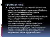 Профилактика. При укусе бешеным или подозрительным животным проводят первичную обработку раны с промыванием ее мыльным раствором и смазыванием концентрированным спиртовым раствором йода. Хирургическое иссечение краев раны с наложением швов противопоказано, так как приводит к дополнительной травматиз