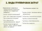 2. Виды группировок затрат. Управление затратами предполагает получение ответов на следующие вопросы: какие затраты возникают? для чего возникают затраты? где возникают затраты? кто отвечает за целесообразность затрат? какие виды продукции (работ, услуг) обеспечивают успех на рынке? Группировки затр