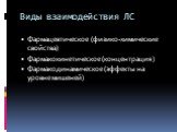 Виды взаимодействия ЛС. Фармацевтическое (физико-химические свойства) Фармакокинетическое (концентрация) Фармакодинамическое (эффекты на уровне мишеней)