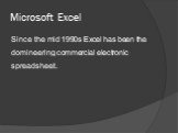 Microsoft Excel. Since the mid 1990s Excel has been the domineering commercial electronic spreadsheet.