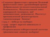 Создание фашистских органов: Большой фашистский совет (руководящий орган), Добровольная милиция национальной безопасности, Национальный совет корпораций (контроль над экономическим развитием), Институт промышленной реконструкции (монополизация банков) 1924 г – победа на выборах 1925г - запрет партий