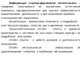 Информация внутрифирменной отчетности – сведения, получаемые из внутренних источников компании, предназначенные для оценки эффективности маркетинговой деятельности и для выявления проблем и возможностей маркетинга. Бухгалтерия - финансовая отчетность и подробный учет текущих продаж, запасов, цен и д