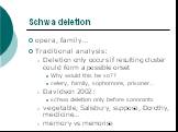 Schwa deletion. opera, family… Traditional analysis: Deletion only occurs if resulting cluster could form a possible onset Why would this be so?? celery, family, sophomore, prisoner… Davidson 2002: schwa deletion only before sonorants vegetable, Salisbury, suppose, Dorothy, medicine… memory vs memor
