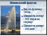 Женевський фонтан. Висота фонтану - 140 м. Швидкість потоку - 500 літрів на секунду. Швидкість напору - 200 км/г.