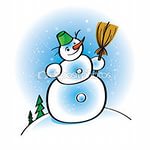 Забавный мультяшный снеговика с веником и ведро хлопья зимой - Стоковое векторное изображение Алексей Овчинников #8415059